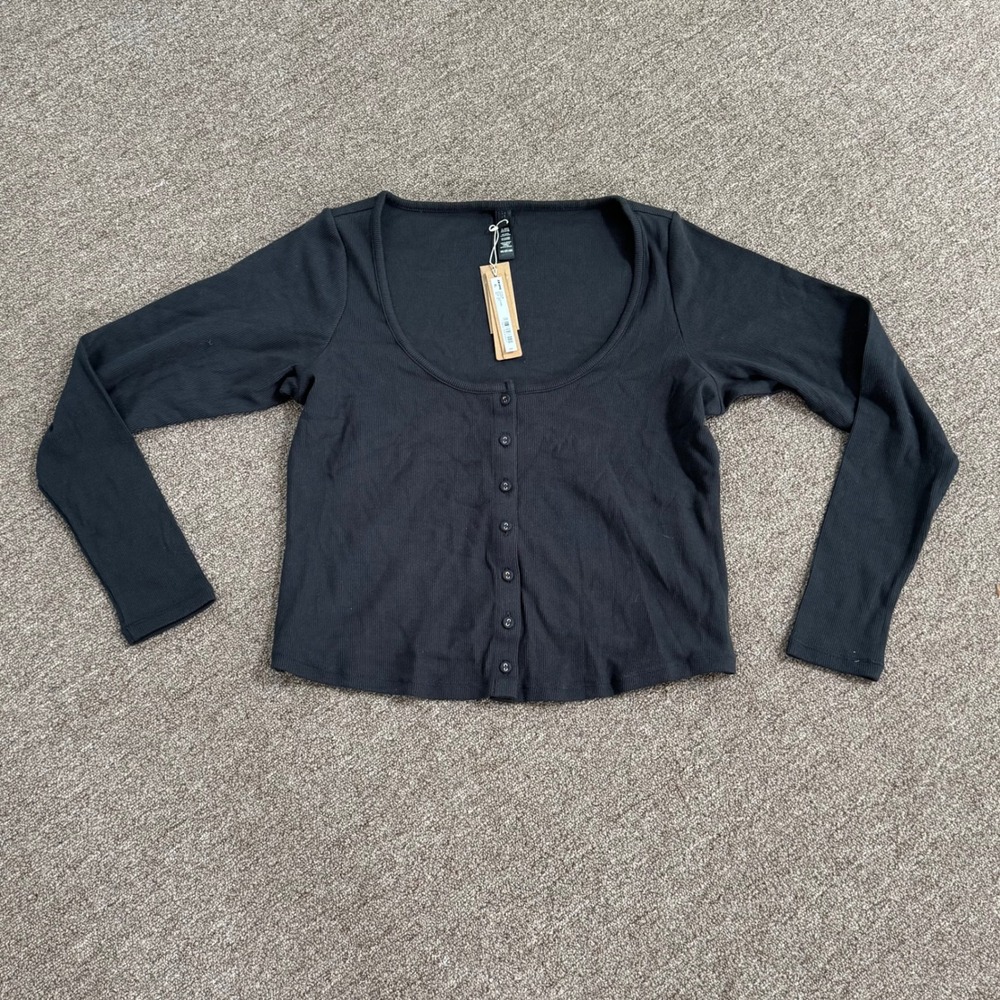 SKIMS Cotton Rib Cardigan Soot Long Sleeve Button Front Top 2X LS-LST-6749W